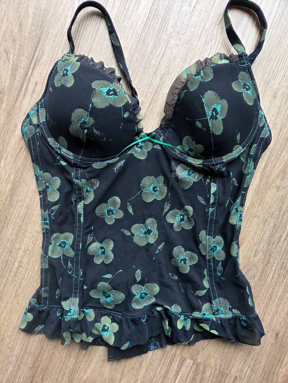 Intimissimi Vintage Y2K Green Floral Mesh Ruffle Corset Bustier Top S Deadstock